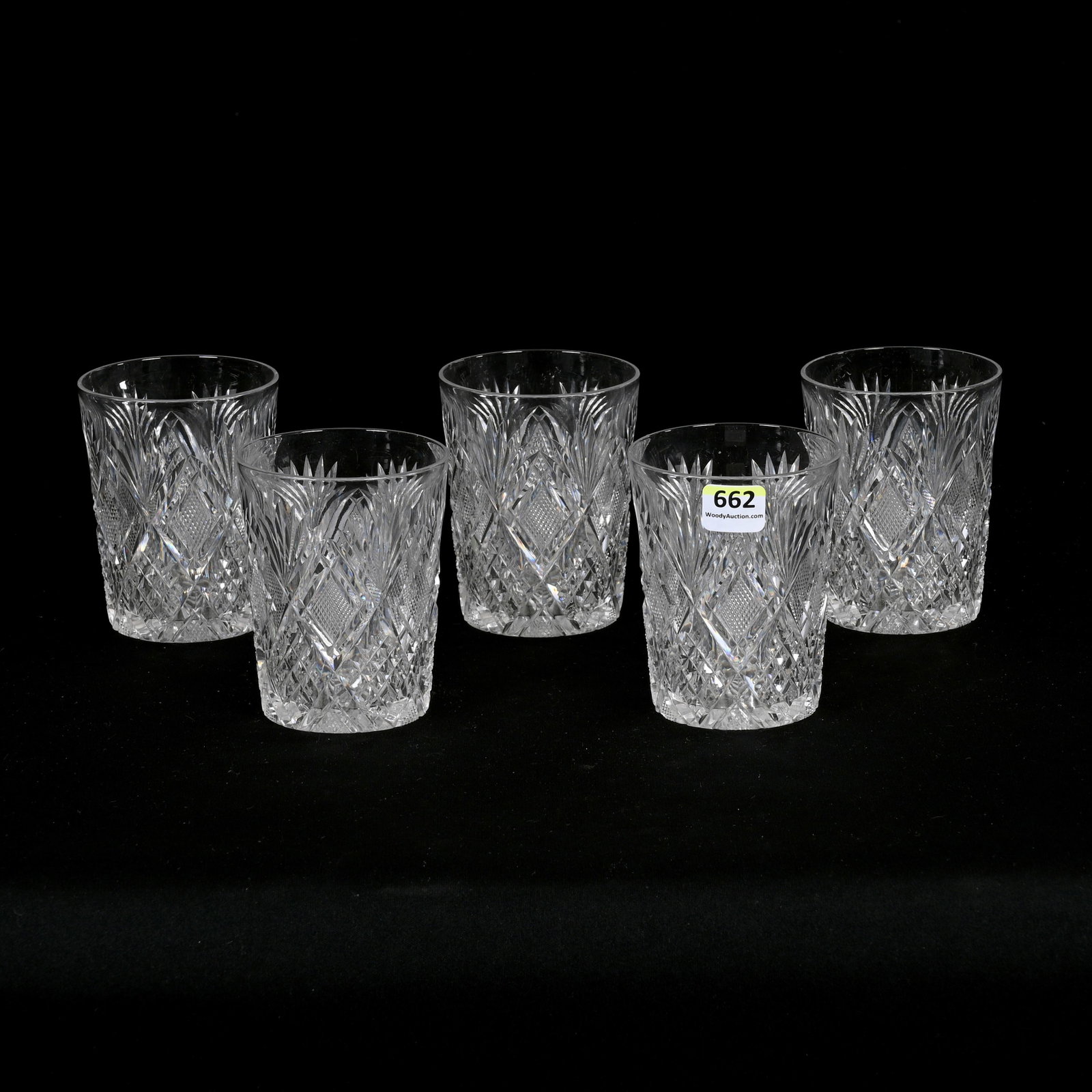 (5) Tumblers, American Brilliant Cut Glass: (5) Tumblers, American Brilliant Cut Glass, 3.75" x 3", Pattern Resembles Harvard By Libbey, Ray Cut Base, One Tumbler Has Small Base Chip, South Dakota Private Collection.