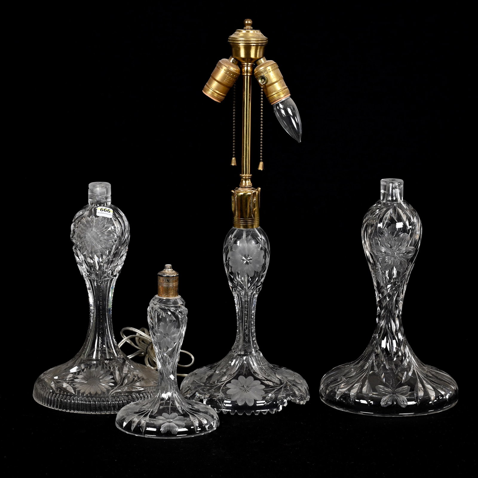 (4) Lamp Bases Only, American Brilliant Cut Glass: (4) Lamp Bases Only, American Brilliant Cut Glass, All Are Engraved Floral Design, Sizes Range From 9" To 21", Two Do Not Have Any Metal Fittings, See Photos For Details, Lamp Base With Metal Fittings