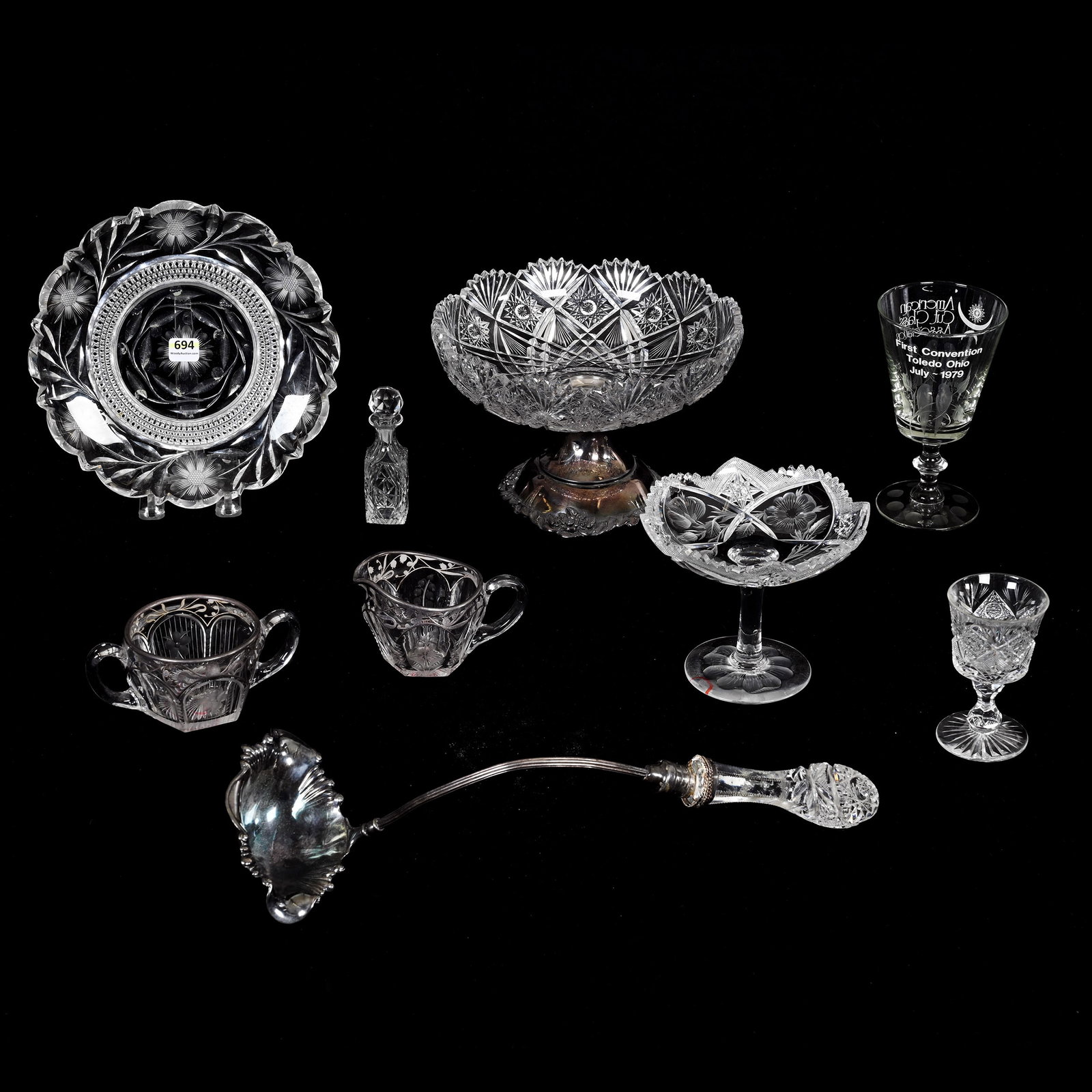 (8) Assorted Items, American Brilliant Cut Glass: (8) Assorted Items, American Brilliant Cut Glass, (1) Punch Ladle With Post-Factory Repair, (1) 9" Bowl With Metal Stob Currently Set On Silverplate Base Which Does Not Fit, (1) 9" Floral Plate, Some 