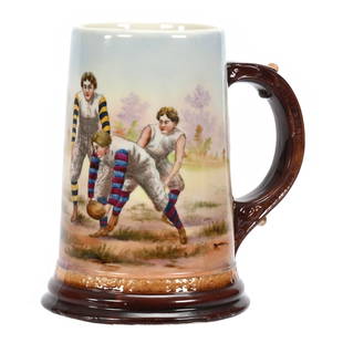 Mug, American Belleek Marked CAC Rare Football Scene: Mug, American Belleek Marked Ceramic Art Company, Rare Football Scene, 5.75" x 5.5", Hand Painted Scenic Decor Of Football/Rugby Players, Wreath Mark Ceramic Art Company, Base Chip Repair, Janice Gill