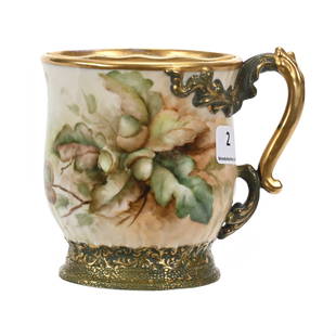 Shaving Mug, American Belleek Marked CAC: Shaving Mug, American Belleek Marked Ceramic Art Company, 4.25" x 4.75", Cream And Green Tones With Acorn Branch Decor, Gold Stencil Highlights, Ceramic Art Company Palette Mark, Janice Gill Collectio