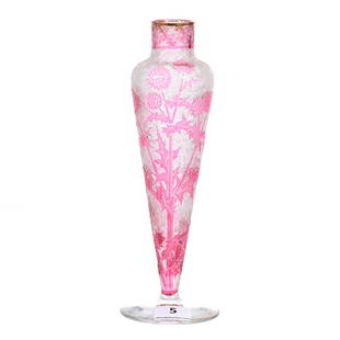 Bud Vase, Unmarked Baccarat/St. Louis Cameo Glass: Bud Vase, Unmarked Baccarat/St. Louis Cameo Glass, 7" x 2.25", Acid Cut Ground With Cranberry Overlay, Thistle Decor, Janice Gill Collection, OH