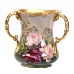 Loving Cup, Three Handle, American Willets Belleek: Loving Cup, Three Handle, American Willets Belleek, 5" x 5.5", Hand Painted Rose Decor, Heavy Gold Trim, Janice Gill Collection, OH