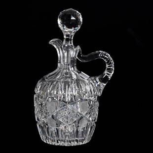 Decanter, ABCG, Glenwood Pattern By Bergen: Decanter, American Brilliant Cut Glass, Glenwood Pattern By Bergen, 9.75" x 5.75", Nice Looping Pattern Cup Handle, Ray Cut Base, Clear Blank, Spout Chip, Janice Gill Collection, OH