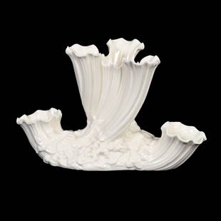 Triple Bud Vase, Irish Belleek Black Mark: Triple Bud Vase, Irish Belleek Black Mark, 7.75" x 8", Circa 1904, Nice Form, Janice Gill Collection, OH