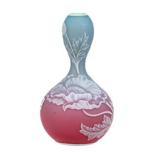 Vase, Gourd Shape, English Cameo Art Glass: Vase, Gourd Shape, English Cameo Art Glass, 7" x 4", Stevens And Williams, Blue Shading To Pink With White Cameo Carved Overlay With Poppy Decor, Janice Gill Collection, OH UPDATED 11-13-23: Maker