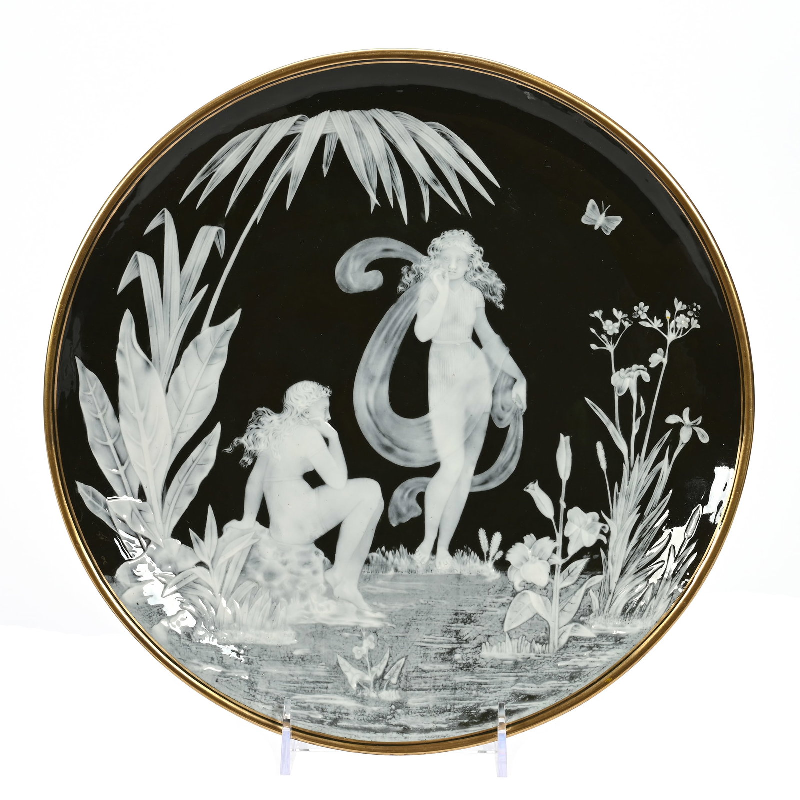 Charger Marked George Jones Pate Sur Pate: Charger Marked George Jones Pate Sur Pate, 12", Dark Green Ground With White Raised Relief Of Two Young Women Among Flowers, Janice Gill Collection, OH