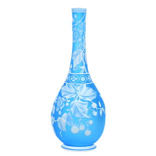 Vase, English Cameo Art Glass: Vase, English Cameo Art Glass, 9.75" x 4", Attributed To Stevens & Williams, Beautiful Blue Ground With Cameo Carved White Cutback Branch And Blossom Decor, Janice Gill Collection, OH