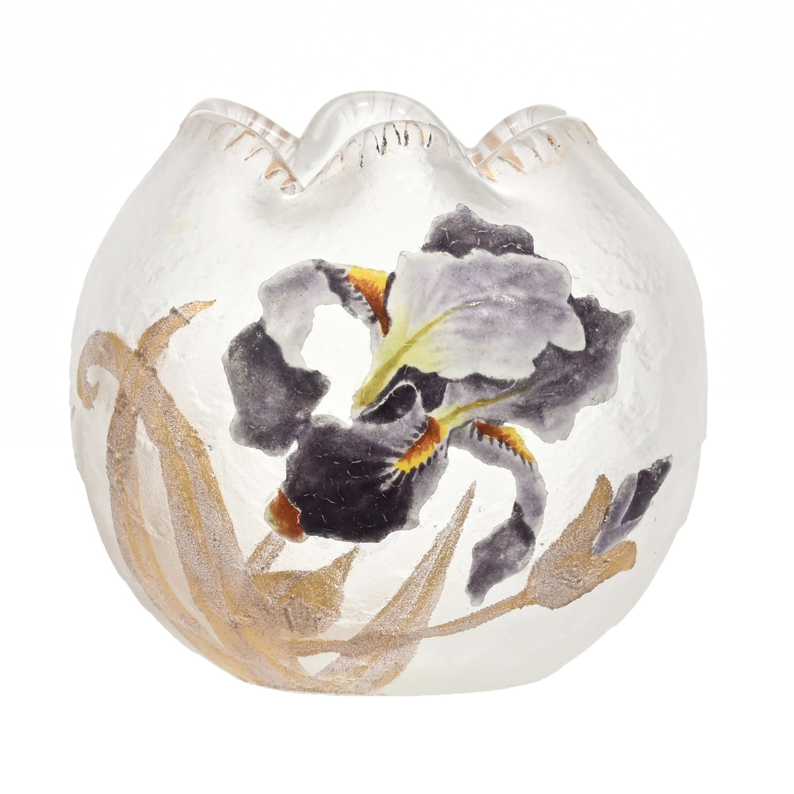 Rose Bowl Signed Mt. Joye French Cameo Art Glass: Rose Bowl Signed Mt. Joye French Cameo Art Glass, 3.5" x 4", White Frosted Ground With Enamel Iris Decor, Janice Gill Collection, OH