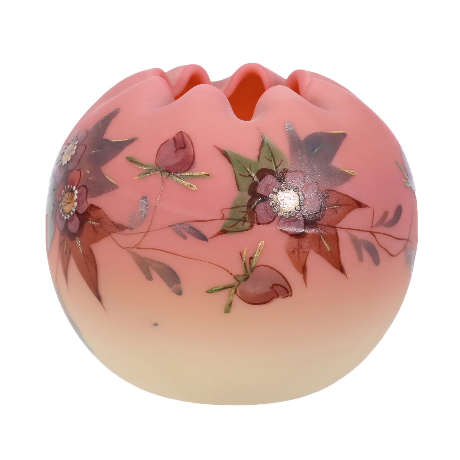 Rose Bowl, Decorated Burmese Art Glass (1 of 4)