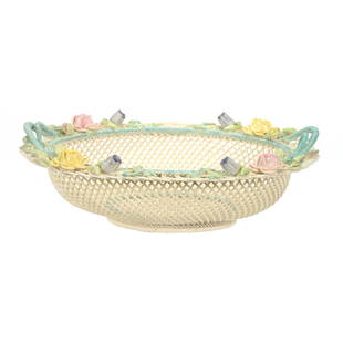 Basket, Irish Belleek, Fourth Period: Basket, Irish Belleek, Fourth Period, 4" x 12.25" x 9.5", Colorful Applied Rose And Blossom Decor, Irish Belleek, Four Strands, Two Pads, Circa Post-1955, Surprisingly Good Condition, Janice Gill Coll