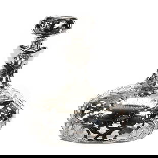 Ship's Decanter: Ship's Decanter, 7.5" x 6.25", Clear Glass With Elaborate Sterling Silver Overlay, Matching Stopper, Polished Pontil Base, Purchased From Model/Actress Barbara Dunne's Estate Auction, Janice Gill Coll