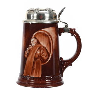 Stein, American Belleek Marked CAC Lenox: Stein, American Belleek Marked Ceramic Art Company Lenox, 6.75" x 5.75", Brown Tones With Scene Of Monk Near Keg, Sterling Silver Flip Lid, Transitional Mark When Lenox Was Taking Control Of Ceramic A