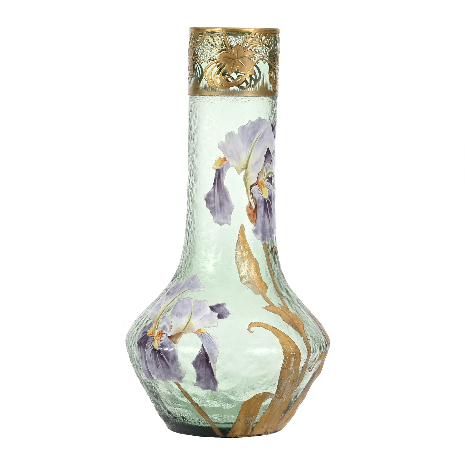 Vase Signed Mt. Joye French Cameo Art Glass: Vase Signed Mt. Joye French Cameo Art Glass, 13.25" x 7", Green With Acid Cut Ground, Heavy Enamel Iris Decor, Gold Trim Highlights, Janice Gill Collection, OH