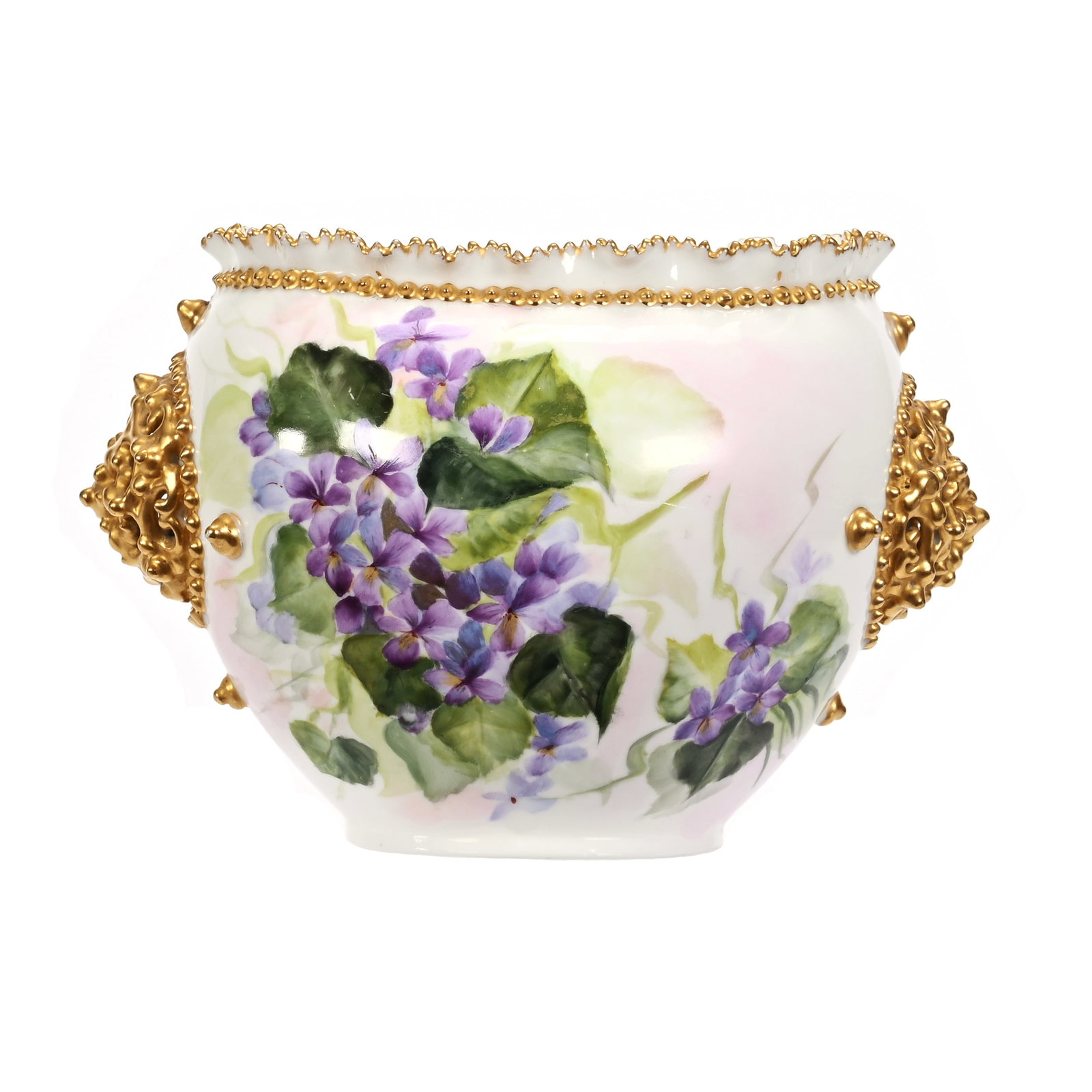 Vase Marked Lotus Ware: Vase Marked Lotus Ware, 4.5" x 6.5" x 4.75", By Knowles, Taylor And Knowles, Circa 1889-1896, White With Violet Decor, Heavy Gold Trim Highlights, One Tiny Tooth Touch-Up, Janice Gill Collection, OH