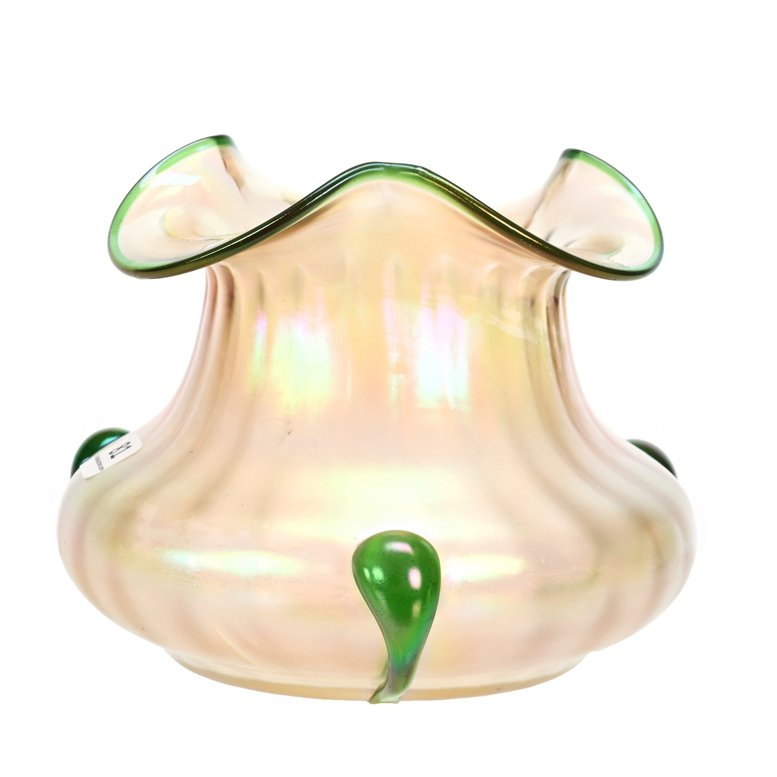 Vase, Unmarked Kralik Art Glass: Vase, Unmarked Kralik Art Glass, 5.25" x 7", Iridescent Verre De Soie, Green Applied Tadpole Highlights, Janice Gill Collection, OH