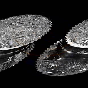 Dresser Box, ABCG: Dresser Box, American Brilliant Cut Glass, 4" x 7.5", Hobstar Cluster Lid With Cane And Fan Highlights, Bottom Has Cane, Vesicas With Fan Highlights, Uncut Base, Nice Quality, Janice Gill Collection,