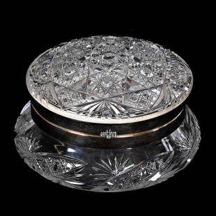 Dresser Box, ABCG: Dresser Box, American Brilliant Cut Glass, 4" x 7.5", Hobstar Cluster Lid With Cane And Fan Highlights, Bottom Has Cane, Vesicas With Fan Highlights, Uncut Base, Nice Quality, Janice Gill Collection,