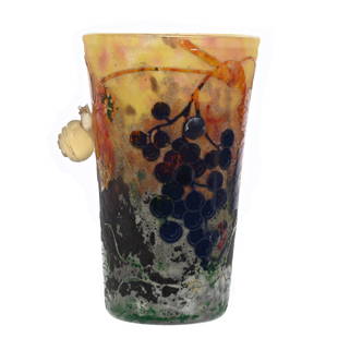 Vase Signed Daum Nancy French Cameo Art Glass: Vase Signed Daum Nancy French Cameo Art Glass, 5.25" x 3.25", Yellow And Lavender Mottled Ground With Multi-Color Cameo Carved Overlay Of Vintage Decor, Applied Carved Snail, This Vase Is Genuine Daum