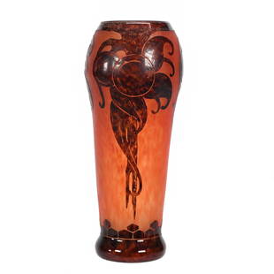 Vase, Le Verre Francais French Cameo Art Glass: Vase, Le Verre Francais French Cameo Art Glass, 14.5" x 5.75", Early Piece Signed With Their Berlingot (Candy Cane) Mark, Orange Mottled Ground With Amethyst Cameo Cut Back Art Deco Design, This Vase