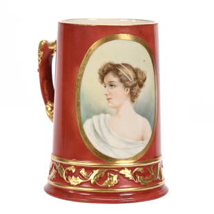 Mug, American Willets Belleek: Mug, American Willets Belleek, 4.25" x 3.5", Brown Tones, Medallion Portrait Of Young Woman, Gold Highlights, Janice Gill Collection, OH