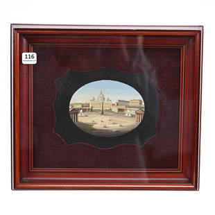 Paperweight, Scenic Micro-Mosaic: Paperweight, Scenic Micro-Mosaic, 6.5" x 5", Scene Of St. Peter's Basilica, Venice, Italy, Oval Micro-Mosaic Is Inset In Black Marble Form Which Has Been Mounted In A Display Frame, Original Roccheggi