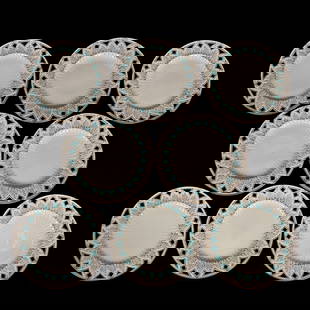(8) Plates, Irish Belleek Black Mark: (8) Plates, Irish Belleek Black Mark, 9", Cream Tones With Blue And Gold Border Highlights, Reticulated Edge, Janice Gill Collection, OH