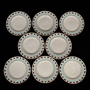 (8) Plates, Irish Belleek Black Mark: (8) Plates, Irish Belleek Black Mark, 9", Cream Tones With Blue And Gold Border Highlights, Reticulated Edge, Janice Gill Collection, OH