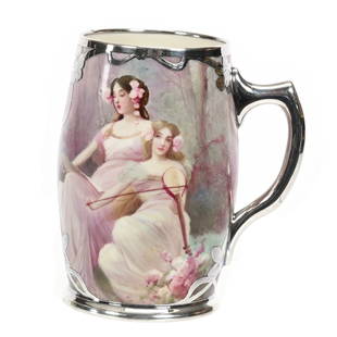 Mug, American Willets Belleek, Sterling: Mug, American Willets Belleek, 5.75" x 4.75", Incredible Hand Decorated Scene Of Woman Singing With String Accompaniment, Artist Signed Nosek, Nosek Worked For Willets For A Very Short Time, It Is Rar