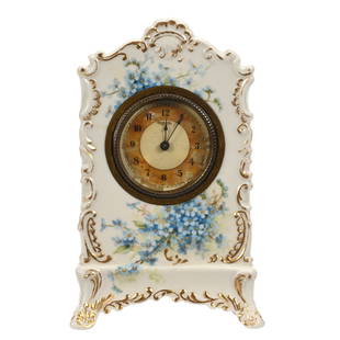 Clock, Unmarked American Willets Belleek: Clock, Unmarked American Willets Belleek, 6.5" x 4", Cream Tones With Blue Forget-Me-Nots Floral Decor, Gold Trim Highlights, Pictured In Official Price Guide To American Pottery & Porcelain By Robins