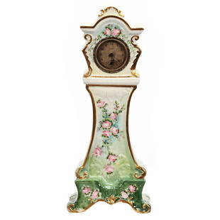 Long Case Clock Marked American Willets Belleek: Long Case Clock Marked American Willets Belleek, 13.5" x 5.5", Green And White Tones, Pink Rose Decor, Gold Trim Highlights, New Haven Clock Works, Very Rare Form, Janice Gill Collection, OH