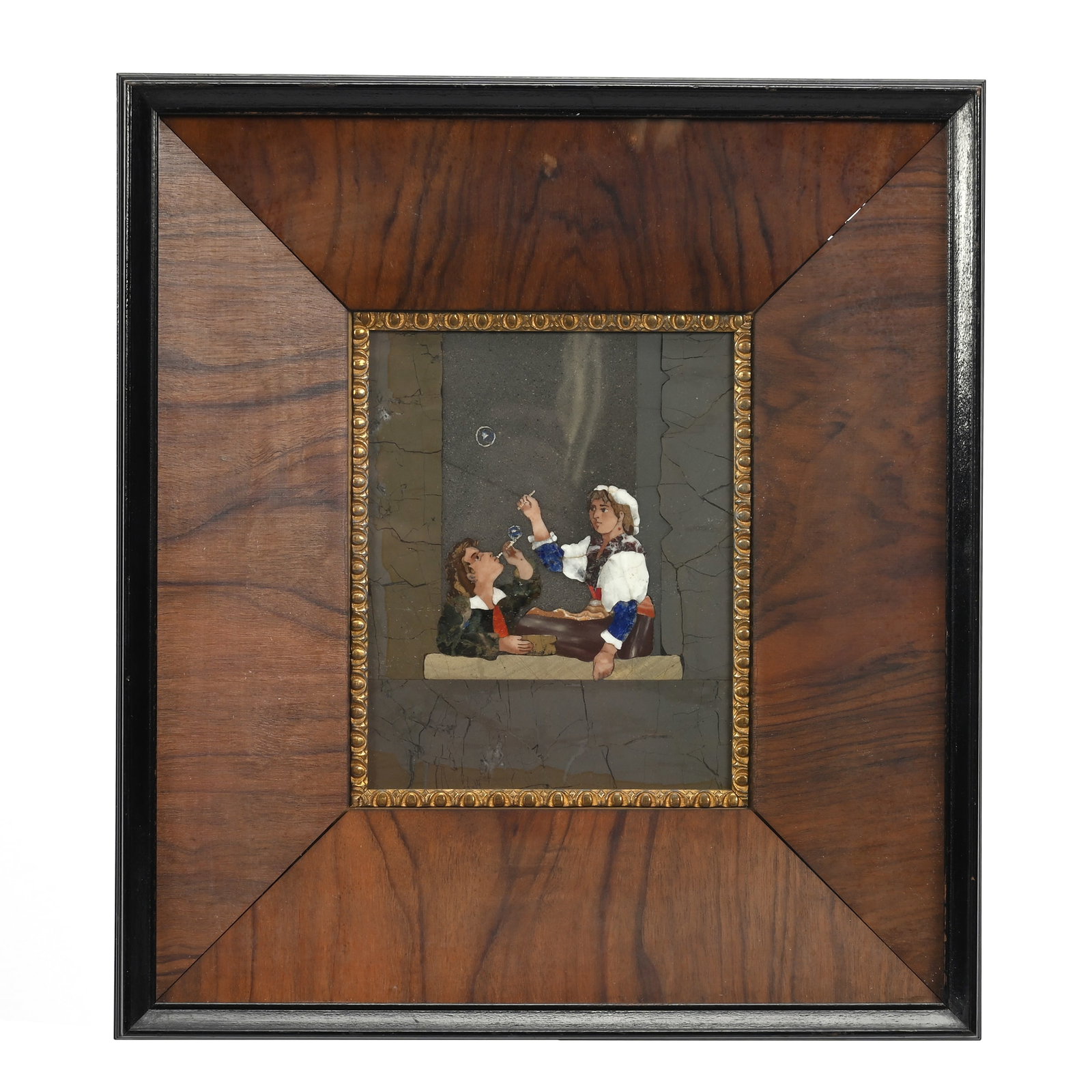 Pietra Dura Plaque: Pietra Dura Plaque, 6.5" x 5.5", Boy And Girl Blowing Bubbles, Plaque Mounted In Frame Measuring 13.5" x 12", Janice Gill Collection, OH