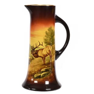 Tankard, American CAC Lenox Transition Mark: Tankard, American Ceramic Art Company Lenox Transition Mark, 10.75" x 6.25", Brown And Yellow Tones, Bellowing Elk Scenic Decor, Artist Signed, Surface Scratch On Reverse, Transition Mark From Period