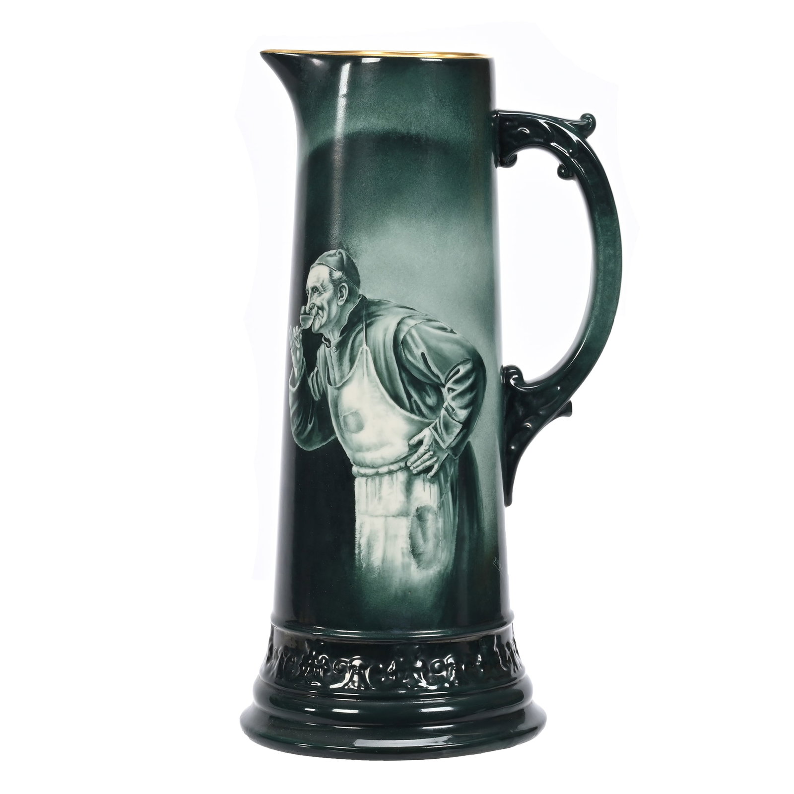 Tankard Marked American CAC Lenox Wreath Mark: Tankard Marked American Ceramic Art Company Lenox Wreath Mark, 14.25" x 7.5", Monochromatic Green Tones, Friar Tasting Wine, Artist Signed De Lan, Transitional Mark From Period When Lenox Was Taking C