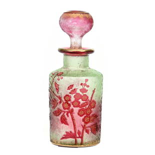 Cologne Bottle, Unmarked Baccarat/St. Louis: Cologne Bottle, Unmarked Baccarat/St. Louis, 5.75" x 2.25", Cameo Cut, Cranberry To Apple Green, Acid Cut Branch And Blossom Decor, Highly Reactive Under Black Light, Janice Gill Collection, OH