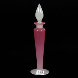 Perfume Bottle, Rosaline By Steuben Art Glass: Perfume Bottle, Rosaline By Steuben Art Glass, 8" x 2.25", Alabaster Foot And Stopper, Original Steuben Paper Label, Janice Gill Collection, OH