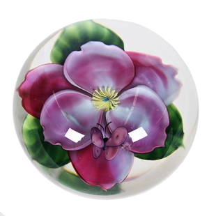 Paperweight Signed Lundberg Studios, Dated 1989: Paperweight Signed Lundberg Studios, Dated 1989, 2.25" x 3", #030110, Flower Blossom And Butterfly, Artist Signed Daniel Salazar, Janice Gill Collection, OH