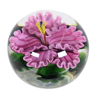 Paperweight Signed Lundberg Studios, Dated 1984: Paperweight Signed Lundberg Studios, Dated 1984, 2.5" x 2.75", #073015, Limited Edition #73 Of 250, Pinkish Floral Petal With Yellow Stamen, Artist Signed Steven Lundberg, Janice Gill Collection, OH