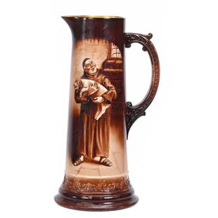 Tankard Made For O'Hara Dial Company CAC: Tankard Made For O'Hara Dial Company, Ceramic Art Company, 14.25" x 7.5", Unmarked American Ceramic Art Company Belleek, Monochromatic Brown With Scene Of Happy Monk Holding Happy Pig, Janice Gill Col