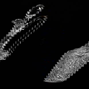 Handled Decanter, ABCG: Handled Decanter, American Brilliant Cut Glass, 12.5" x 6", Hobstar, Strawberry Diamond, Cane, Zipper, Star And Fan Motif, Triple Notched Handle, Ray Cut Base, There Is Handle Crack At Lower Attachmen