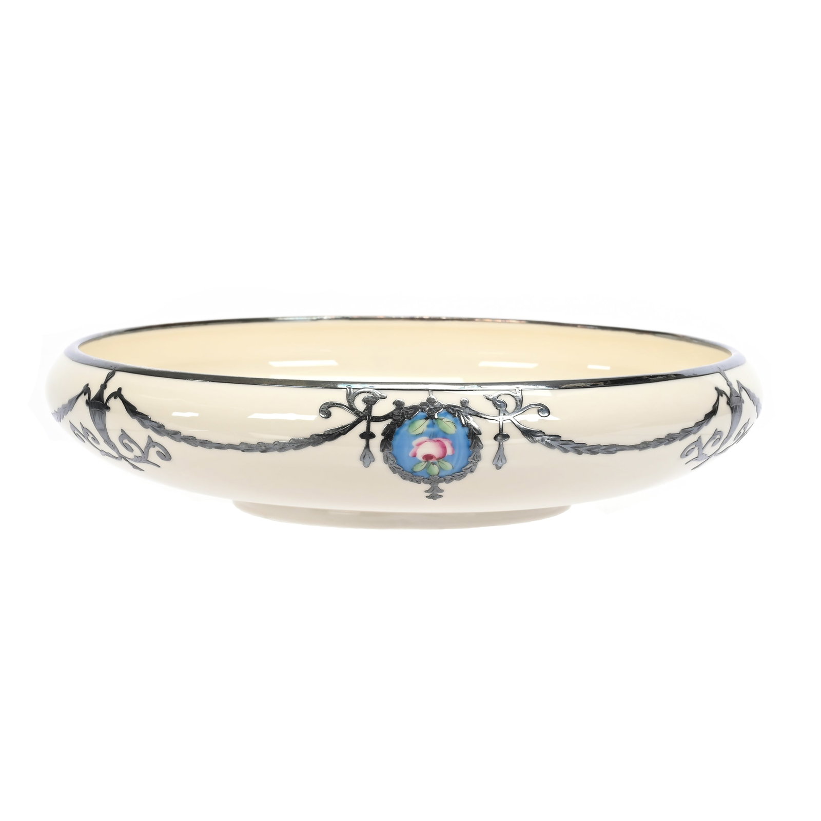 Bowl, Lenox Belleek Mark: Bowl, Lenox Belleek Mark, 2" x 9.25", Cream Tones With Rose On Blue Medallion Decor, Sterling Silver Garland Highlights, Palette Lenox Belleek Mark, Janice Gill Collection, OH