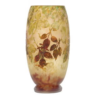 Vase Signed Daum Nancy French Cameo Art Glass: Vase Signed Daum Nancy French Cameo Art Glass, 8.25" x 4", Clear, White And Brown Mottled Ground With Brown, Green, Yellow And Orange Mottled Cameo Cutback Overlay, Leaf And Berry Design, This Vase Is