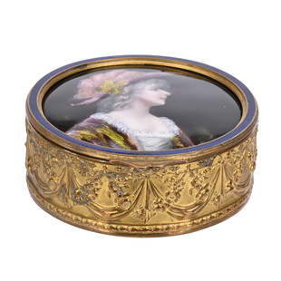 Round Hinged Box, French Enamel Portrait: Round Hinged Box, French Enamel Portrait, 1.25" x 3.5", Portrait Of Young Woman With Plumed Hat, Artist Signed, Gilt Metal Box With Embroidered Fabric Lining, Janice Gill Collection, OH