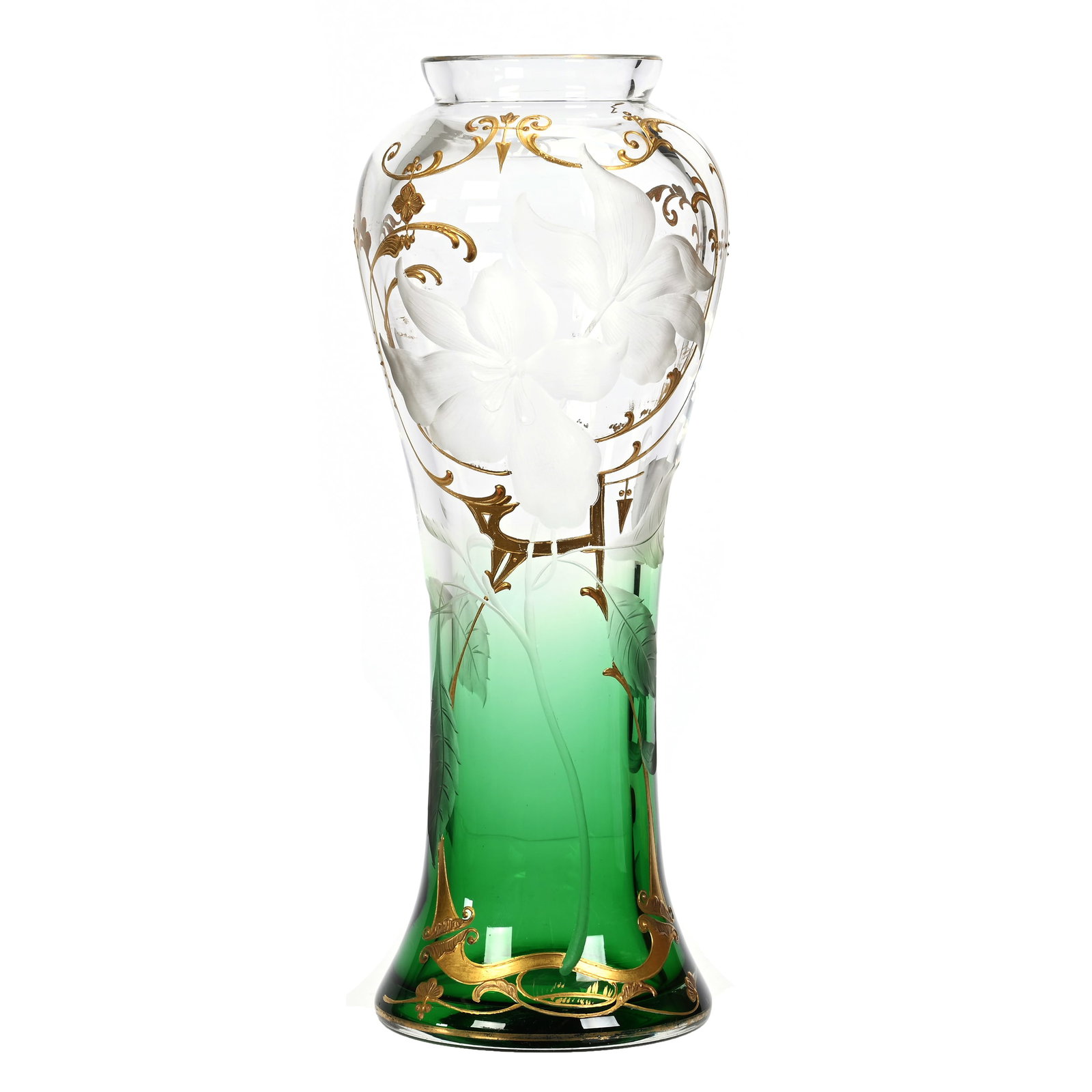 Vase, Unmarked Moser Art Glass: Vase, Unmarked Moser Art Glass, 9.75" x 3.75", Clear Shading To Green, Engraved Floral Decor, Gold Enamel Scroll Highlights, Janice Gill Collection, OH