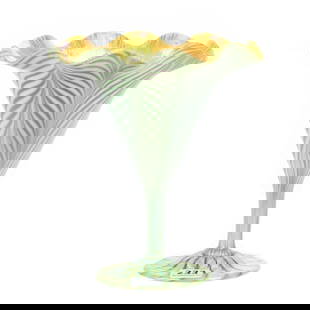 Trumpet Flower Form Vase Signed Quezal P185: Trumpet Flower Form Vase Signed Quezal P185, 6.75" x 6", Art Glass, Green Pulled Feather Design, Gold Interior, Fantastic Quality, Janice Gill Collection, OH