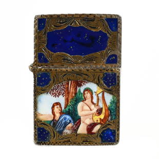 Cigarette Lighter Marked 800 Fine Silver: Cigarette Lighter Marked 800 Fine Silver, 2.25" x 1.5", French Enamel Panels, Janice Gill Collection, OH