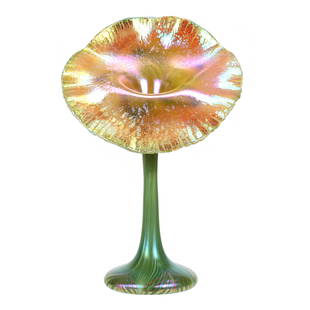 Jack In Pulpit Vase Signed Quezal Art Glass: Jack In Pulpit Vase Signed Quezal Art Glass, 8.5" x 5.5", Incredible Green And White Pulled Feather Design With Gold Highlights, Janice Gill Collection, OH