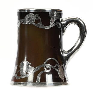 Mug, American CAC Lenox Transition Mark: Mug, American Ceramic Art Company Lenox Transition Mark, 5.5" x 5", Shaded Brown Body With Sterling Silver Overlay Marked Mermod & Jaccard, Transition Period 1896-1906 When Lenox Was Taking Control Of