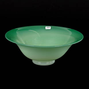 Bowl, Unmarked Steuben Art Glass, Green Jade: Bowl, Unmarked Steuben Art Glass, Green Jade, 4.5" x 12.5", Nice Quality, Janice Gill Collection, OH