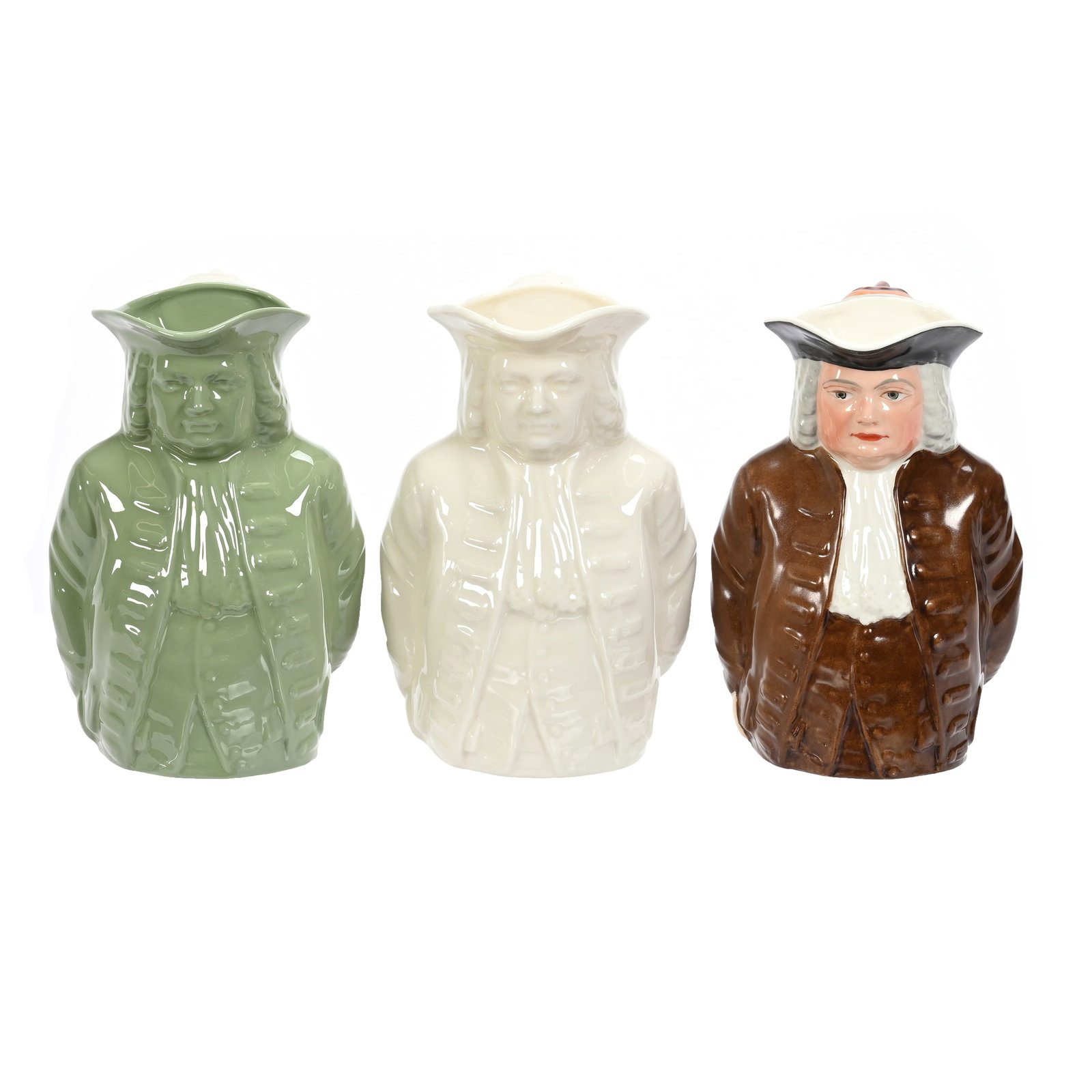 (3) Figural Pitchers, All With Lenox Green Wreath: (3) Figural Pitchers, All With Lenox Green Wreath, 6.75" x 5.5", (1) Made For Bailey Banks And Biddle In Full Authentic Colors, (1) All White, (1) Green With White Handle, Janice Gill Collection, OH